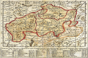 Eine 17. Jahrhundert-Karte von Frankreich mit dem Titel "carte de la ligue grisons" mit einer roten Linie, die durch sie verläuft und Namen von Städten, Dörfern und geografischen Merkmalen anzeigt.