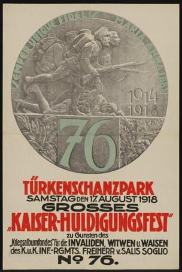 Plakat zum 70-jährigen Jubiläum des Kaiser-Huldigungsfestes in Berlin, Deutschland, mit einer Gruppe von Menschen in der Mitte, umgeben von Text und Zahlen in einem klassischen Foto Rahmen.