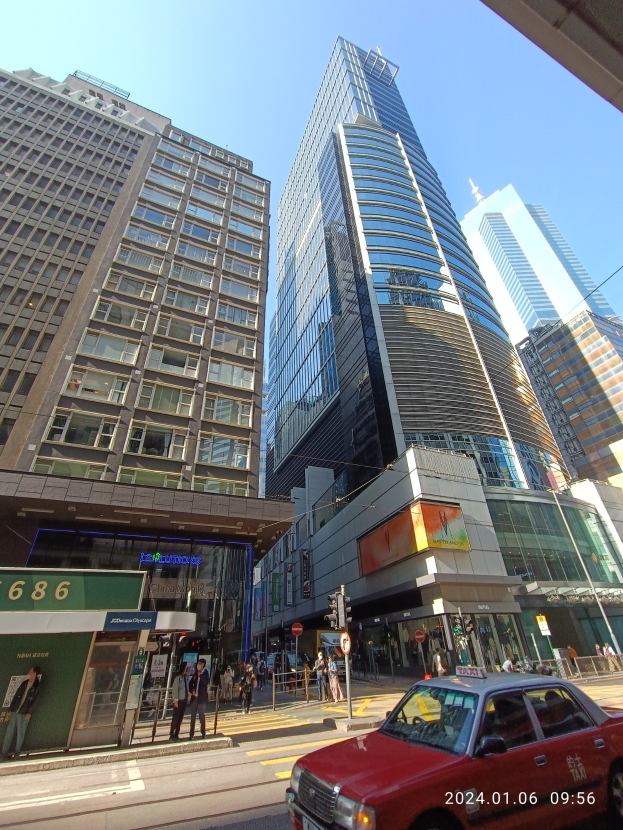 Rotes Auto auf einer Stadtstraße mit hohen Wolkenkratzern, Passanten auf dem Gehweg, Verkehrsampeln, Schildern und Namenskürzel, mit Himmel im Hintergrund.