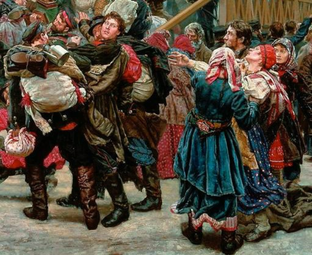 Ein Gemälde, das eine Gruppe von Menschen zeigt, die vor einer Menge tanzen, während der russischen Revolution, gekleidet in traditioneller russischer Kleidung, einige halten Gegenstände und ein hölzernes Haus im Hintergrund.