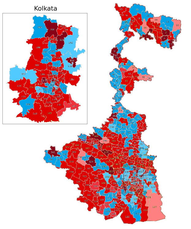 Eine Karte von Kolkata, Indien, farblich nach dem Prozentsatz der Menschen in jedem Gebiet unterteilt, mit der Überschrift "Kolkata-Wahl-Ergebnisse" oben.