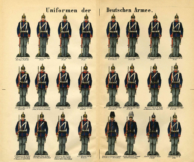 Ein Buch mit einem Raster verschiedener deutscher Armeeuniformen in unterschiedlichen Farben und Mustern, begleitet von beschreibendem Text über ihre Abzeichen und Ränge.