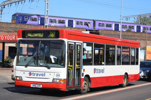 Roter und weißer Bus fährt auf einer Straße neben einem Zug, mit einer Person sichtbar im Bus und anderen Fahrzeugen auf der Straße, vor einem Hintergrund aus einer Wand, Pfählen, Drähten, Bäumen und einem klaren blauen Himmel.