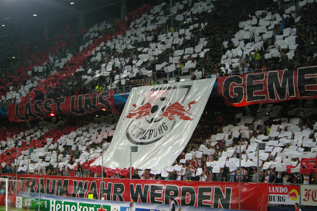 Ein volles Fußballstadion mit sitzenden und stehenden Zuschauern, Bannern, einem Torpfosten und Überdachung.