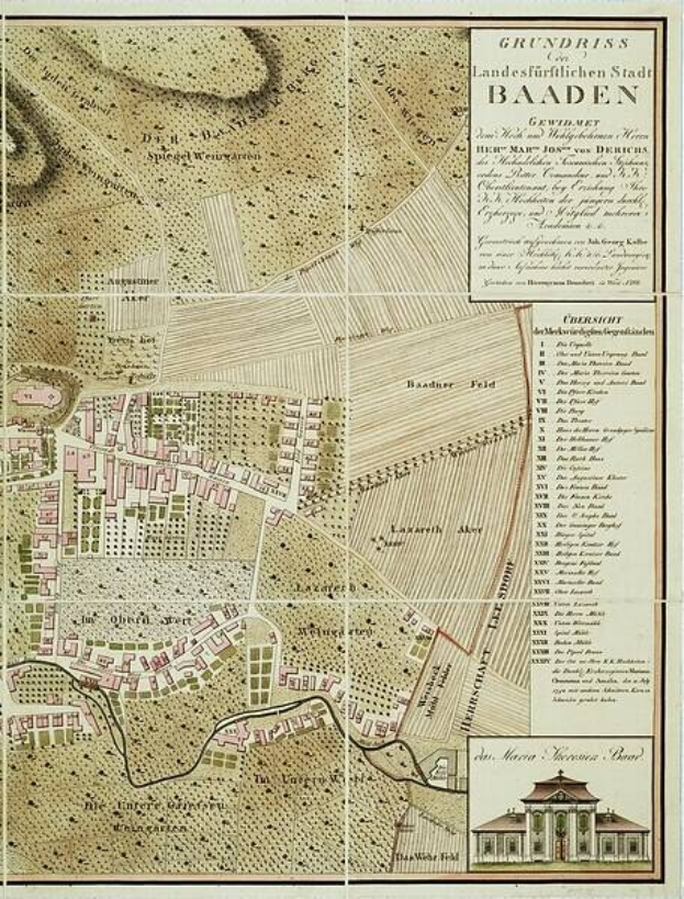 Alte detaillierte Karte von Baden-Württemberg, Deutschland, mit einem Gebäude im rechten unteren Eck, die Straßen, Gebäude und Sehenswürdigkeiten zeigt.