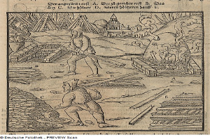 Eine Gravur von zwei Männern, die in einem Kohlebergwerk arbeiten, wobei einer ein Objekt hält, mit begleitendem Text.