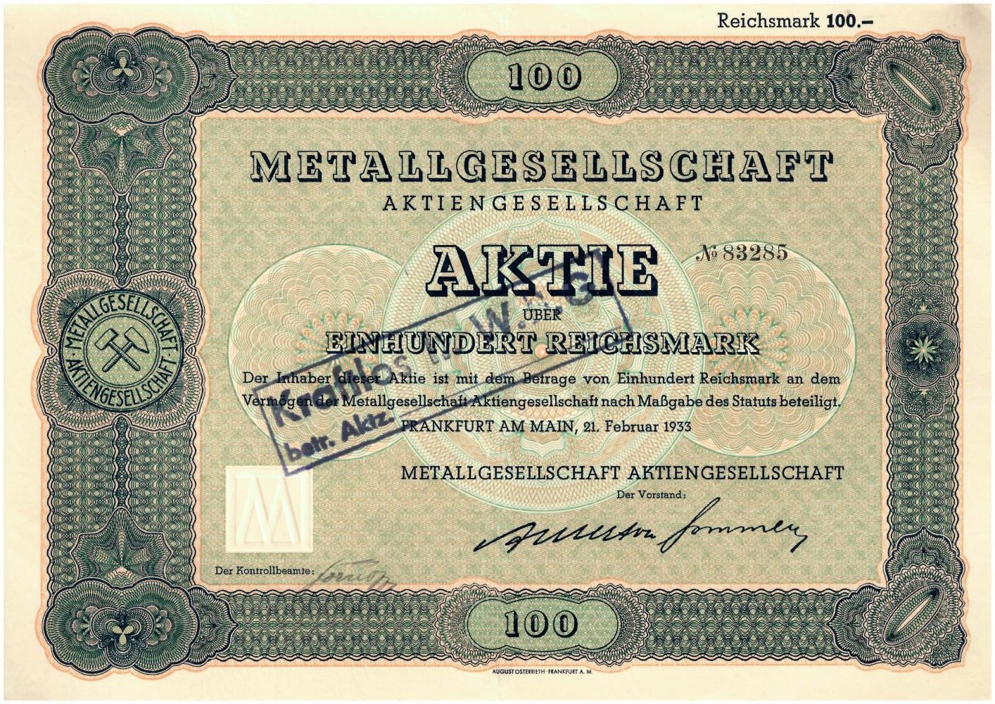 Alte deutsche 100 Reichsmark-Banknote von 1933 mit der Aufschrift "Metallgesellschaft Aktie."
