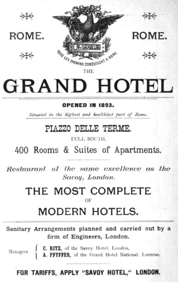 Werbung für das Grand Hotel in Rom, Italien, mit dem Slogan "Das modernste Hotel" und einem stilisierten Vogel-Logo.