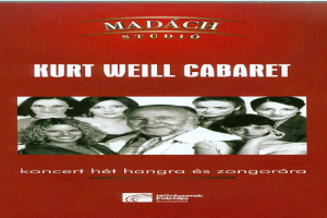 Ein Plakat für das Kurt-Weill-Cabaret-Konzert, das eine zentrale menschliche Gesichtsfläche zeigt, umgeben von einer Gruppe von Menschen und Text, der wahrscheinlich den Konzerttitel angibt.