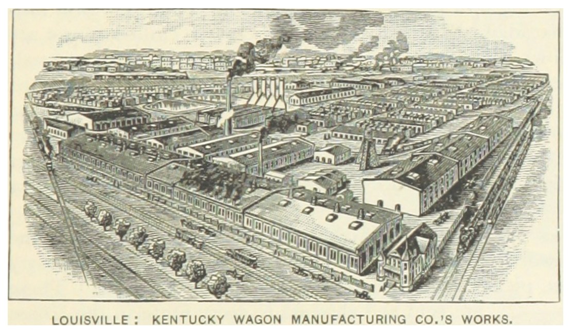 Plakat der Louisville, Kentucky Wagon Manufacturing Co. mit Gebäuden, Fahrzeugen und Rauch im Hintergrund und Text unten.