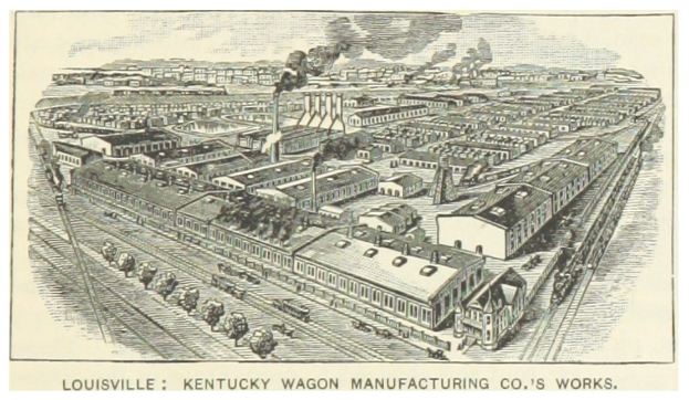 Plakat der Louisville, Kentucky Wagon Manufacturing Co. mit Gebäuden, Fahrzeugen und Rauch im Hintergrund und Text unten.