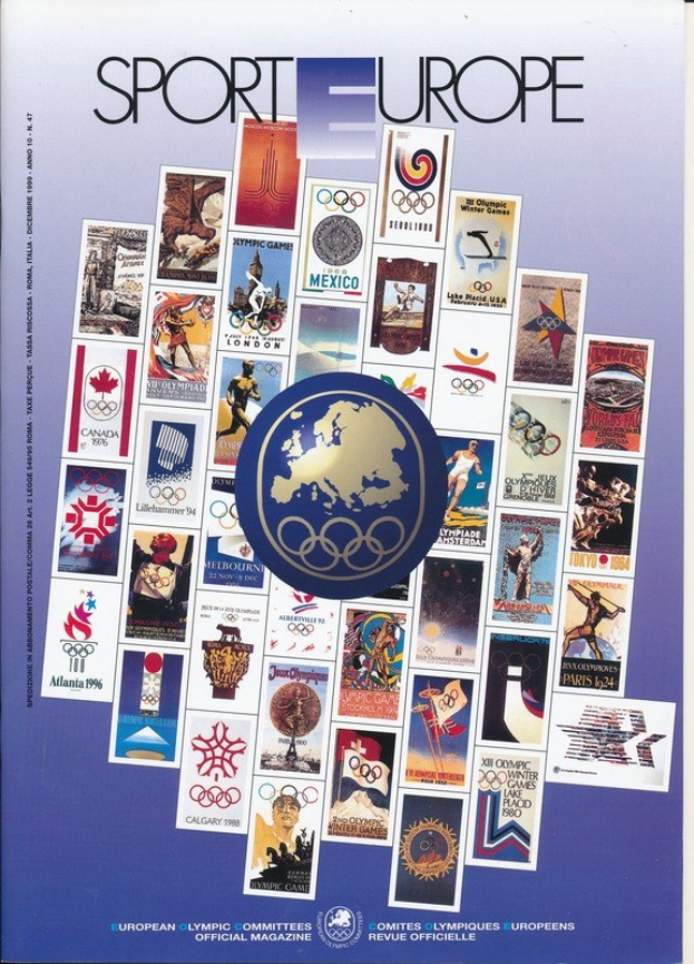 Ein Buchumschlag mit dem Titel "Sporting Europe", der farbenfrohe Bilder und Texte über die Olympischen Spiele in Europa zeigt, mit weißer, fetter Schrift und detaillierten olympischen Entwürfen.