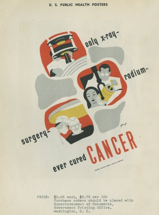 Plakat mit einem Mann in einem weißen Kittel und Stethoskop, der entschlossen aussieht, vor einem hellrosa Hintergrund mit großer weißer Schrift, die "Operationen haben Krebs noch nie geheilt." lautet.