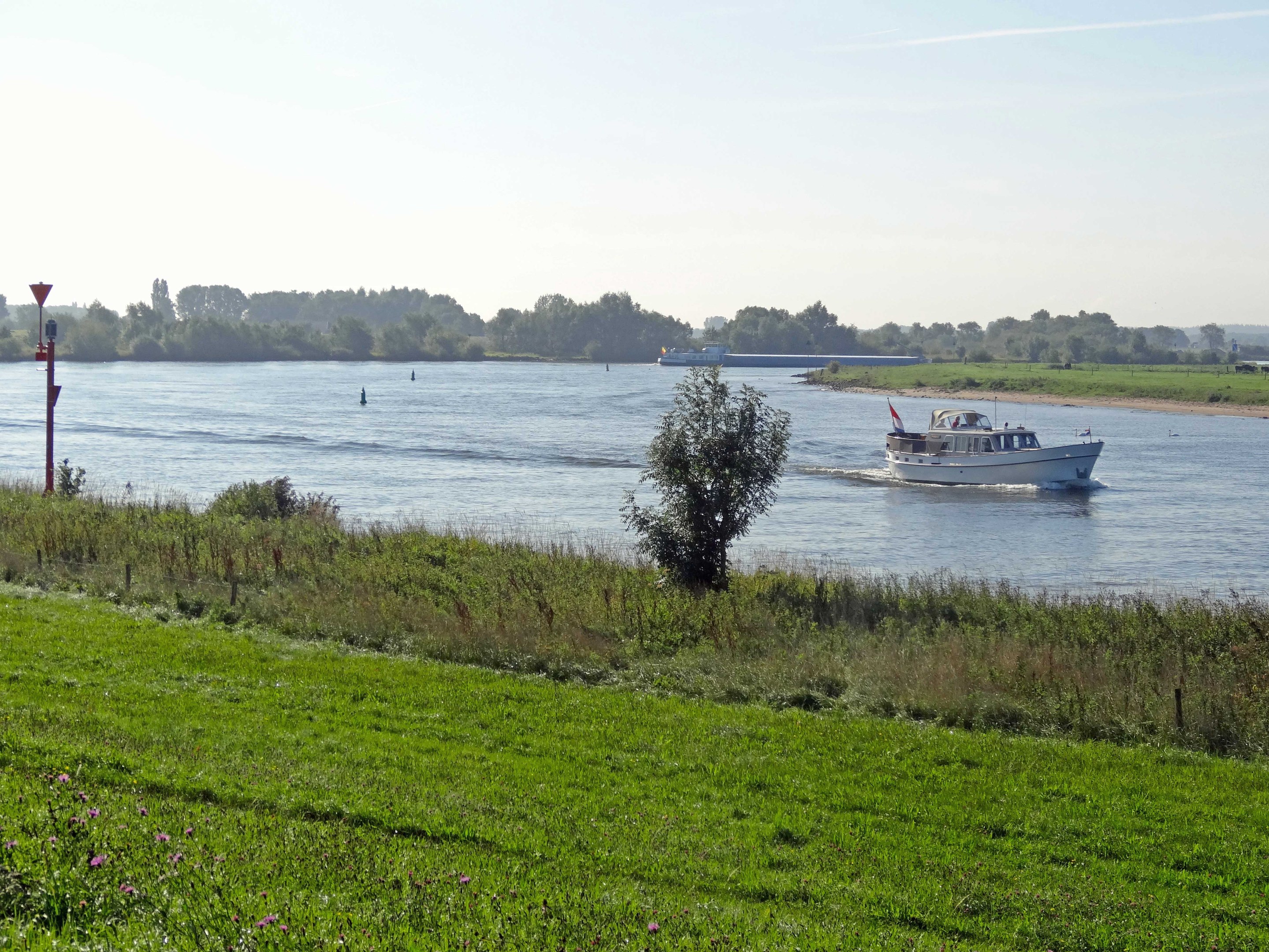 Ein Boot, das einen von Grünflächen, Pflanzen und Blumen gesäumten Fluss entlangfährt, mit Bäumen und einem klaren blauen Himmel im Hintergrund.