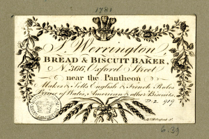 Eine alte Visitenkarte mit einer Zeichnung eines Bäckers und Text über ein Brot- und Gebäck-Backhaus.