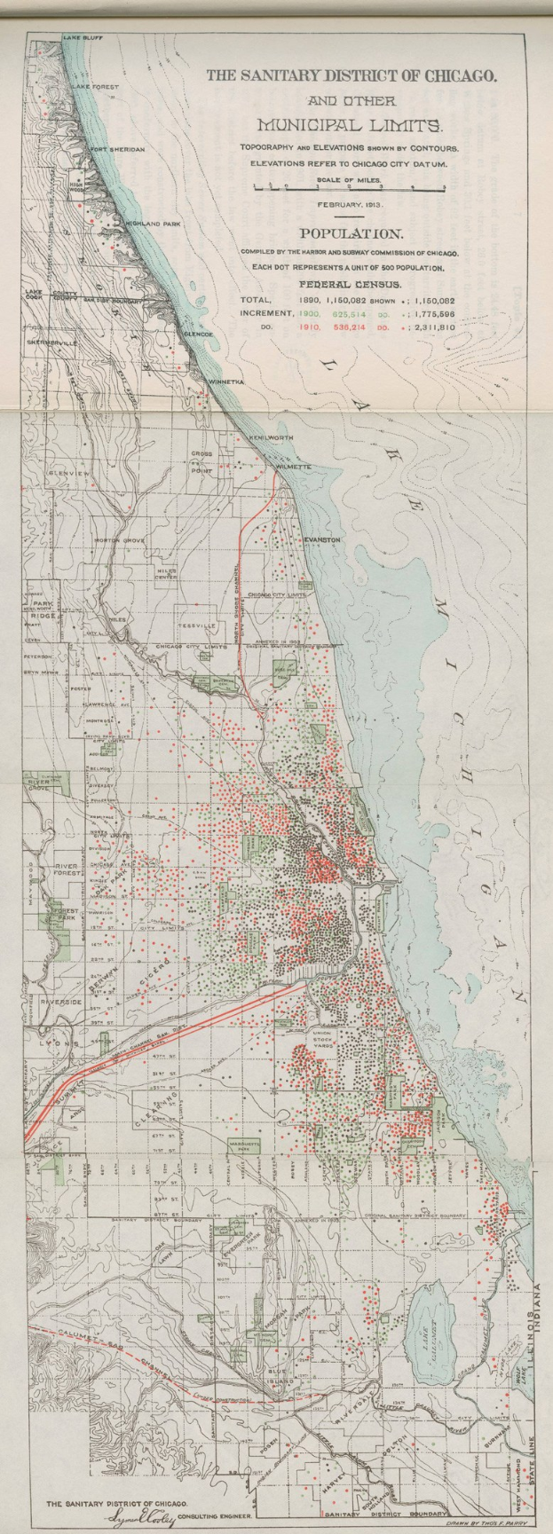 Schwarz-weiß-Karte des Sanitätsbezirks Chicago mit municipal limits und Textdetails.