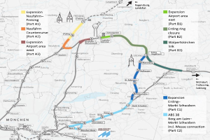 Eine detaillierte Stadtkarte, die eine Bahnroute von München nach Frankfurt hervorhebt, einschließlich Haltestellen, Umgebung und Bahn Details wie Länge und Entfernung.