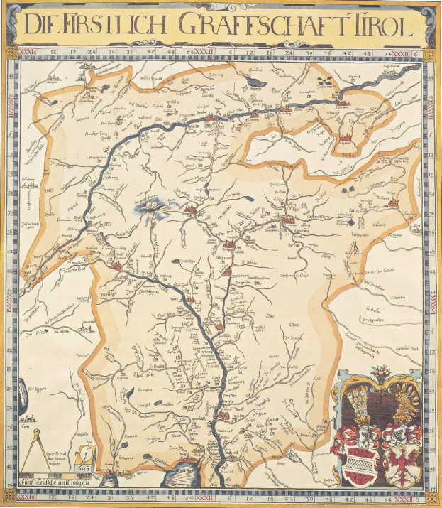 Ein detailliertes historisches Plakat der ersten Grafschaft Tirol mit einer Karte, die geographische Merkmale wie Flüsse, Berge und Städte zeigt, sowie begleitendem Text.