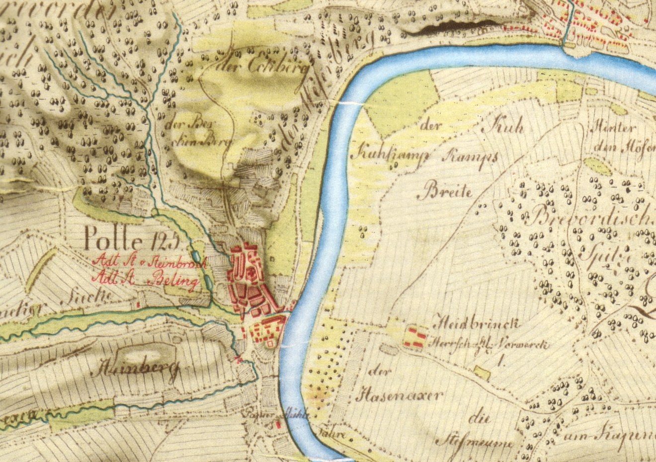 Alte detaillierte Karte von Polle, Deutschland, mit einem Fluss, Straßen, Gebäuden und anderen Merkmalen markiert.