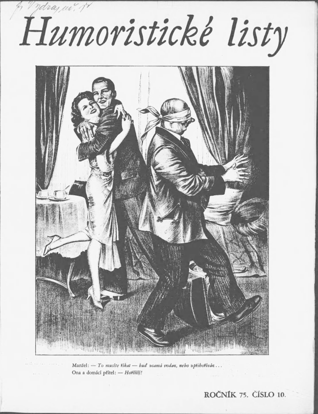 Ein Schwarz-Weiß-Bild eines Mannes und einer Frau, die tanzen, mit Vorhängen im Hintergrund und einem Tisch mit Tassen und Untertassen, mit der Aufschrift "humoristicke listy - rocnik 75 cišlo 10" oben und unten.