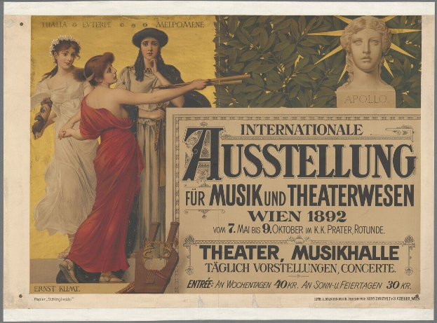Plakat für die Internationale Ausstellung für Musik und Theaterwesen in Wien, das eine Gruppe von Menschen in einem Kreis mit einer Frau zeigt, die ein Musikinstrument hält, und Text über das Ereignis.