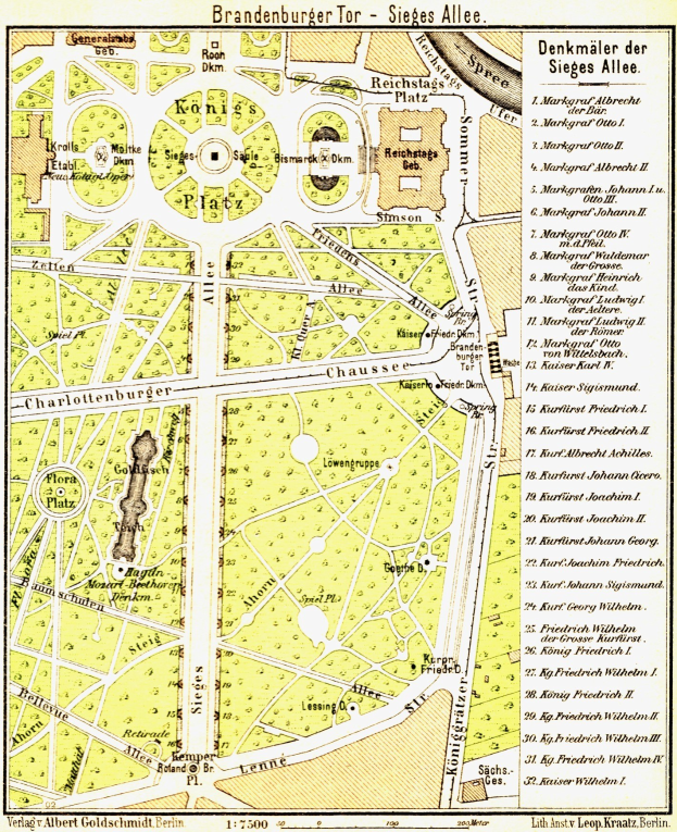 Ausfühliches altes Stadtplan von Brandenburg, Deutschland, mit Straße, Gebäuden, Parks und Sehenswürdigkeiten mit begleitendem Text.