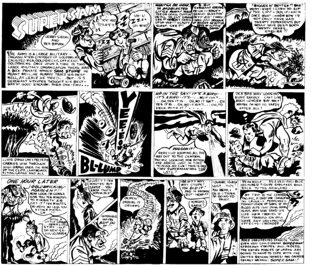 Schwarzes und weißes Comic-Strip-Poster mit einem Mann im Anzug und einer Frau im Kleid sowie begleitendem Text.