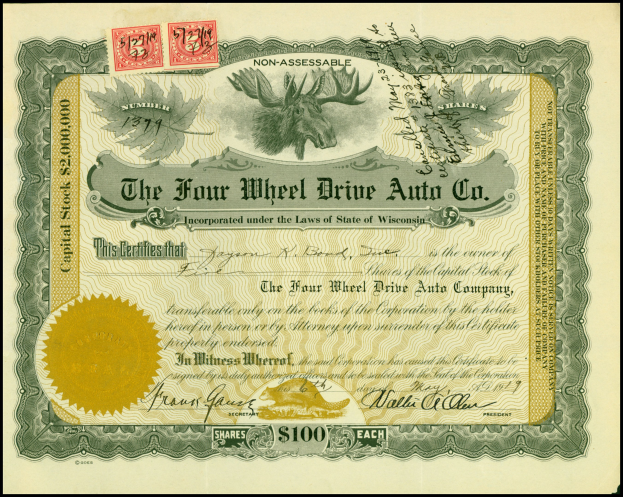 Vierradantrieb-Auto-Aktiengesellschaft mit goldenem Siegel, Text 'Vierradantrieb Auto Co.', numerischem Wert und mehrfarbigen Stempeln.