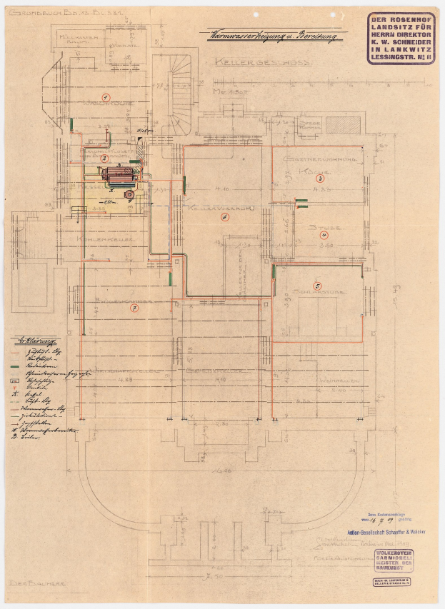 Schwarzes und weißes Architekturzeichnung des Rosenhof Hospitals in Hamburg, Deutschland, zeigt detailliertes Layout mit zahlreichen Drähten, die elektrische oder strukturelle Pläne anzeigen, begleitet von handgeschriebener Text.