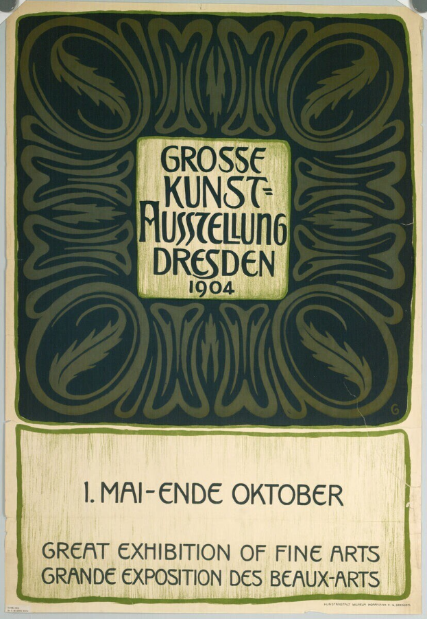 Plakat für die Große Kunstausstellung bei der Grand Exposition des Beaux-Arts in Dresden, Deutschland, 1904, mit auffälligem Text, der das Ereignis ankündigt.