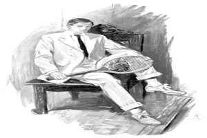 Mann in Anzug sitzt auf einer Bank und hält einen Tennisschläger, mit ernster Miene, in Schwarz-Weiß dargestellt.