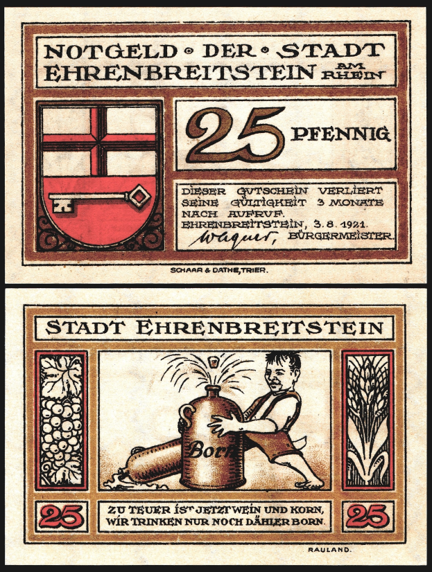 Alte deutsche Banknote mit einem Mann in weißem Hemd und blauem Hut, der eine Bierflasche hält, mit Text einschließlich "Bier" und einem gekrönten Schild-Logo.