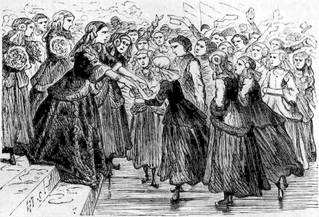 Schwarze und weiße Illustration von Frauen, die vor einem Publikum tanzen, mit einer Treppe links und dem Text "Victorian Women's Day" unten.