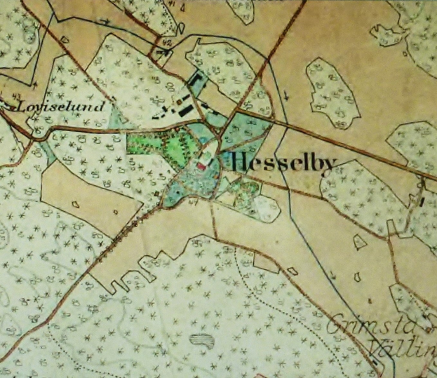 Alte Karte von Hesselby mit detaillierten Straßen, Gebäuden und markierten Texten und Nummern.