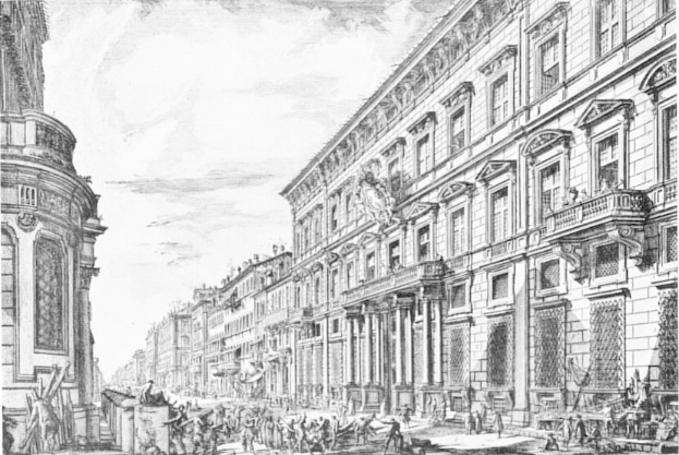Schwarze und weiße Zeichnung einer belebten Stadtstraße mit Fußgängern, Gebäuden, Fenstern, Säulen und Skulpturen unter einem bewölkten Himmel, mit Text am unteren Rand, der New York-bezogene Begriffe auflistet.