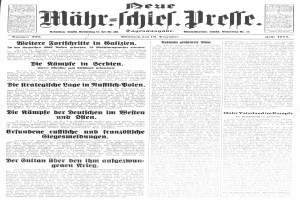 Titelseite einer deutschen Zeitung mit der Überschrift "Deutsches Reichstag, Vol 1, No 1, September 18, 1914" mit einem Schwarz-Weiß-Bild eines Mannes im Anzug und Krawatte.
