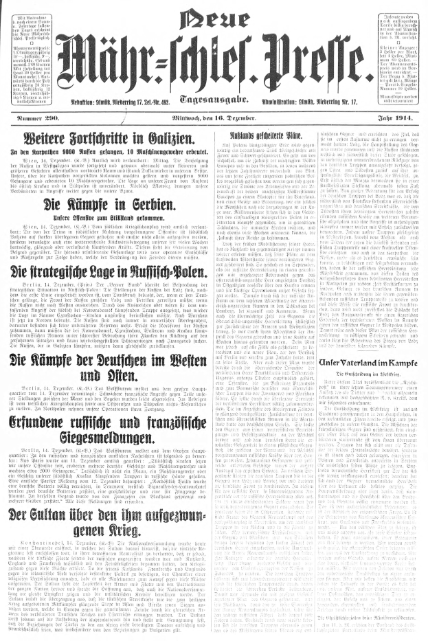 Titelseite einer deutschen Zeitung mit der Überschrift "Deutsches Reichstag, Vol 1, No 1, September 18, 1914" mit einem Schwarz-Weiß-Bild eines Mannes im Anzug und Krawatte.