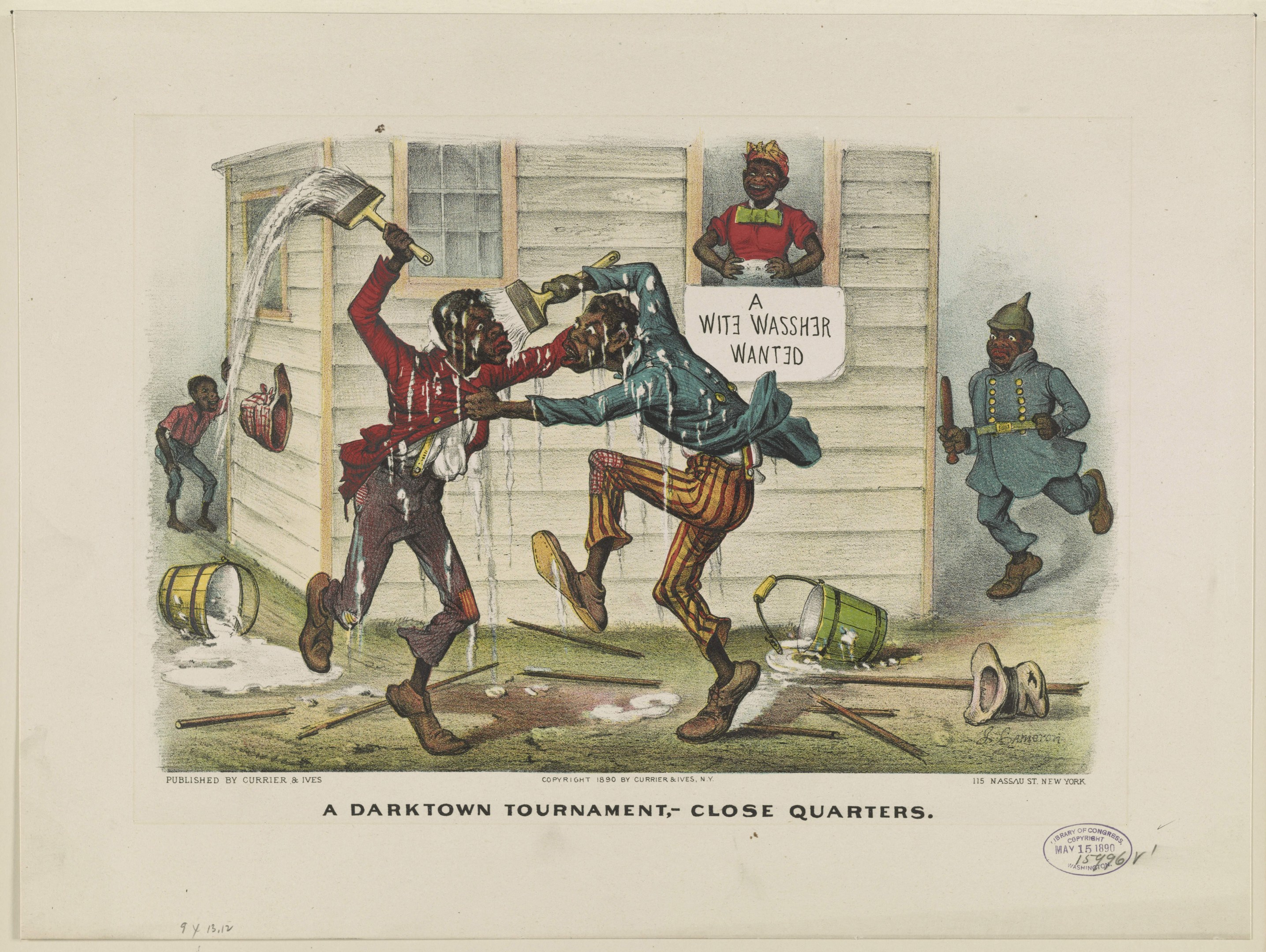 Ein Plakat für ein Darktown Turnier zeigt Menschen mit Gegenständen, verstreute Eimer, Holzstöcke und Text in der Nähe.