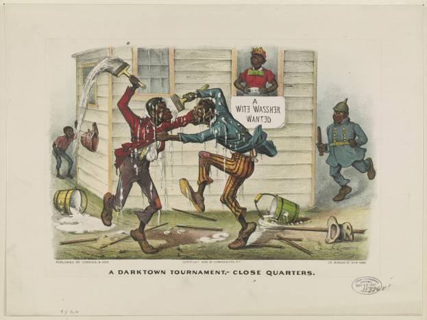 Ein Plakat für ein Darktown Turnier zeigt Menschen mit Gegenständen, verstreute Eimer, Holzstöcke und Text in der Nähe.