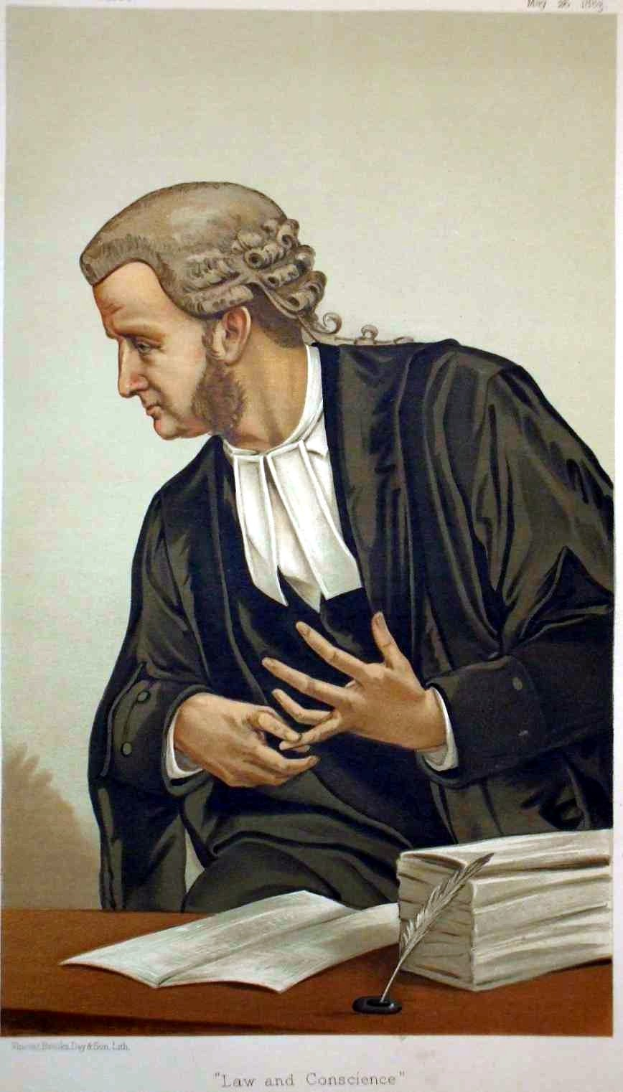 Ein Mann in einer schwarzen Robe sitzt an einem Tisch mit Büchern und einer Gänsefeder, mit dem Text "Recht und Gewissen der Vereinigten Staaten" unten.