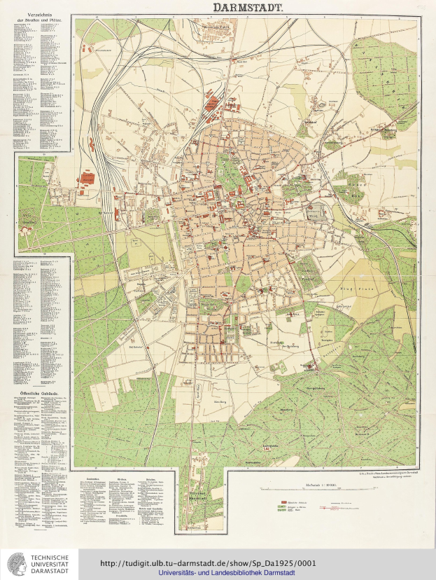 Ein detaillierter alter Stadtplan von Darmstadt, Deutschland, der Straßen, Gebäude und Sehenswürdigkeiten zeigt, mit Texten, die Informationen über die Bevölkerung, Sehenswürdigkeiten und Straßen der Stadt liefern.