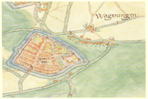 Ein detaillierter Stadtplan von Wageningen, Deutschland, mit Straßen, Gebäuden und Sehenswürdigkeiten sowie Texten mit zusätzlichen Informationen.