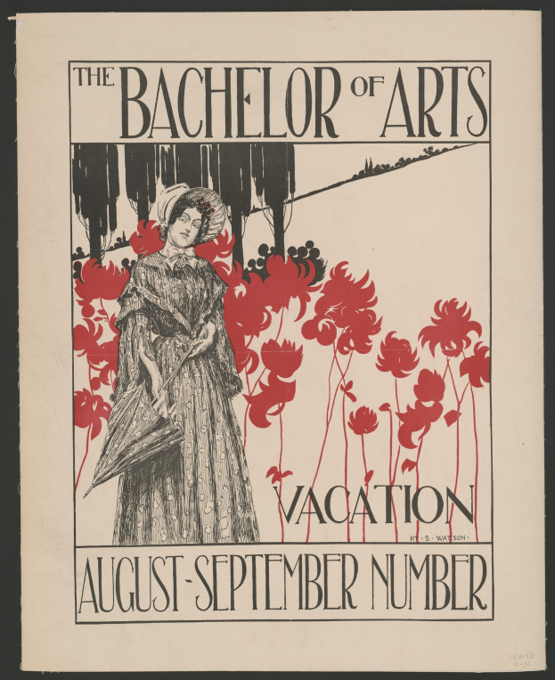 Plakat mit schwarzem Hintergrund, das eine Frau in einem weißen Kleid mit einer blauen Stola und einem weißen Hut zeigt, die in einem gelben Blumenfeld unter einem blauen Himmel steht, Text lautet "The Bachelor of Arts Vacation August-September Number" in weißer Schrift mit goldenem Rand.