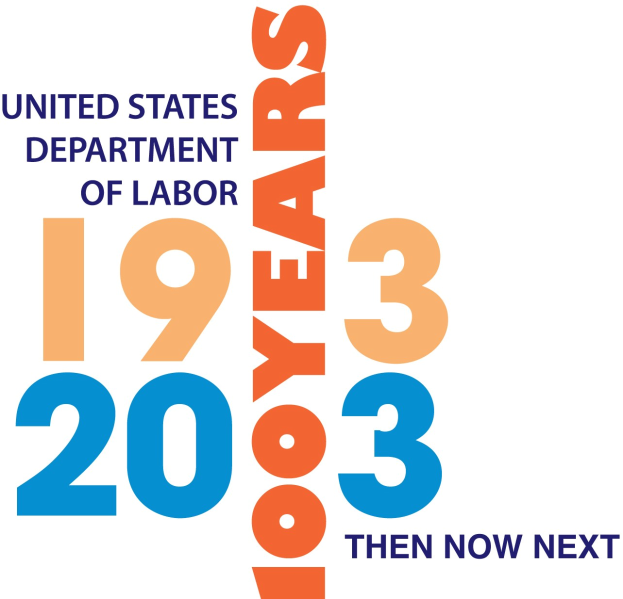 Logo des United States Department of Labor mit einem blauen Kreis, einem weißen Stern und einem weißen Rand, begleitet von dem Text "1933 dann jetzt nächsten" in fett schwarzer Schrift darunter.