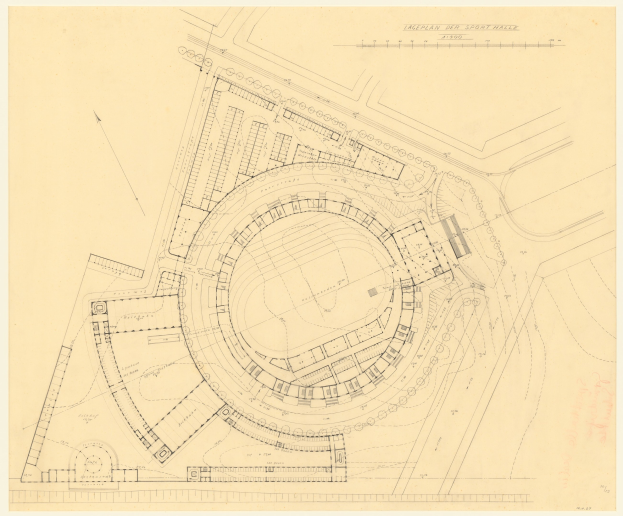 Schwarz-weißer Architekturentwurf eines Stadiongrundrisses für eine geplante Sporthalle in London mit umliegenden Gebäuden und handschriftlichen Anmerkungen auf Papier.