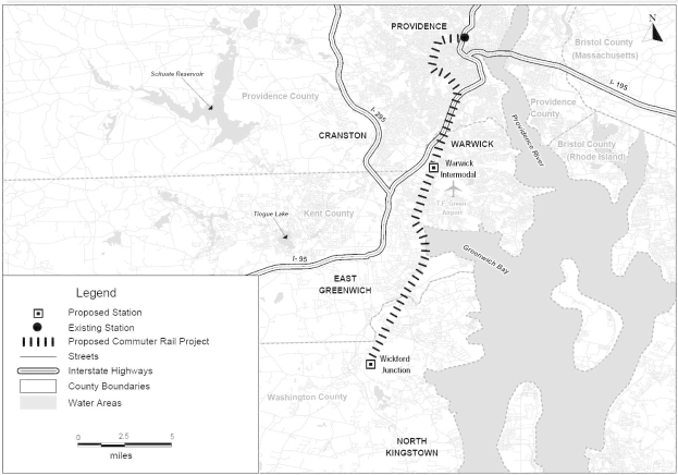 Schwarz-weiß-Karte einer Stadt mit einem Fluss, beschriftet mit "Vorgeschlagenes S-Bahn-Projekt" auf der linken Seite, zeigt Straßen, Autobahnen und Stadtmerkmale.