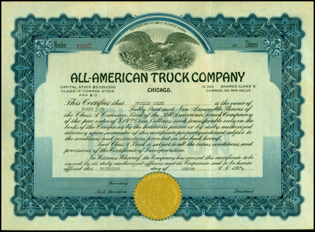 Ein Aktienzertifikat einer US-amerikanischen Lkw-Firma mit schwarzem Rand, goldenem Siegel in der Mitte und gedrucktem Text mit Unternehmensdetails.