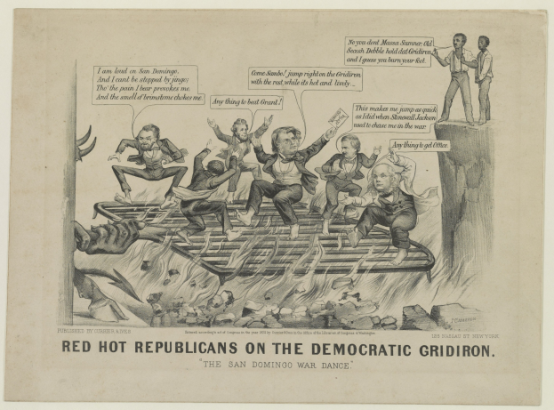 Ein Papier mit einer Zeichnung von roten, wütenden Republikanern auf einem blauen Gridiron, deren Gesichter verzerrt sind und die Arme erhoben haben, begleitet von schwarzer, fetter Schrift, die eine ernste Situation betont.