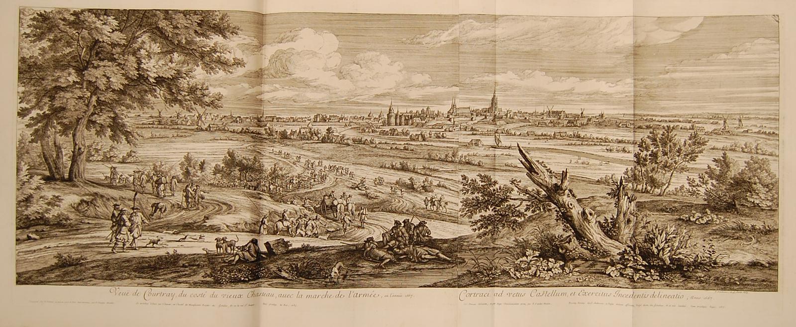 Offenes Buch mit der Aufschrift 'Sicht auf die Schlacht von Castellum und Castellium aus der Illustrated London News', das eine Landschaftsillustration mit Menschen in der foreground, Bäumen, Pflanzen, Gebäuden im Hintergrund und Wolken am Himmel zeigt.