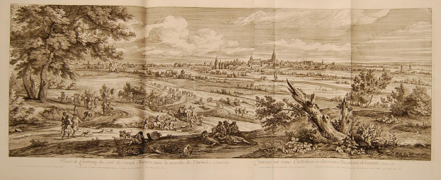 Offenes Buch mit der Aufschrift 'Sicht auf die Schlacht von Castellum und Castellium aus der Illustrated London News', das eine Landschaftsillustration mit Menschen in der foreground, Bäumen, Pflanzen, Gebäuden im Hintergrund und Wolken am Himmel zeigt.